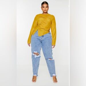 Pretty little thing plt plus chartreuse ruched front blouse size 12 new w/ tags